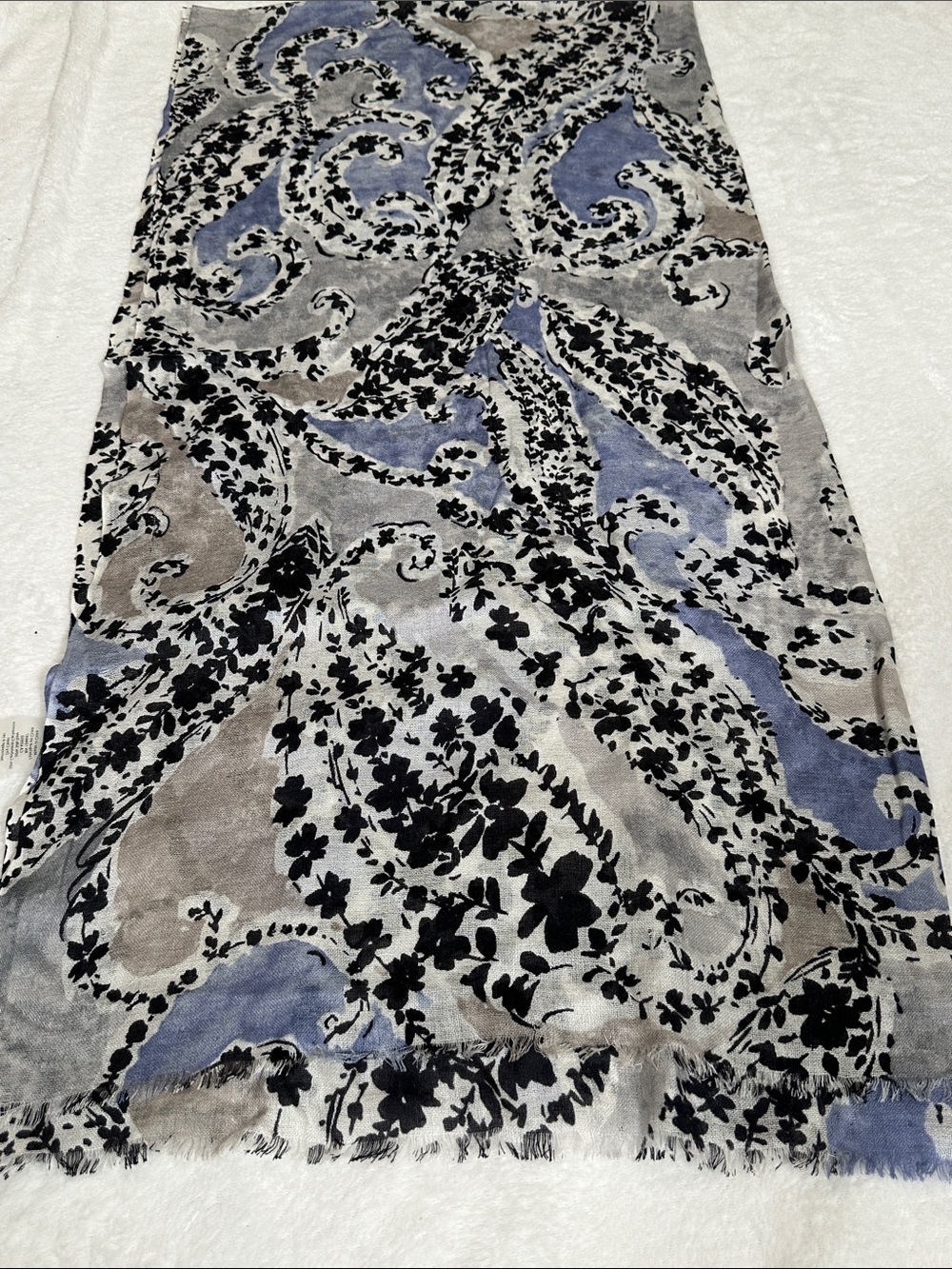 Kinross Black and White Floral Cashmere Silk Scarf with Swirls of Blue & Tan